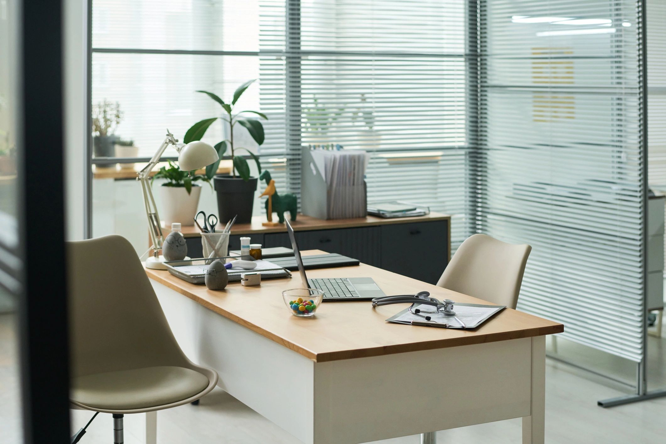Organized office workspace with documents prepared for consultation